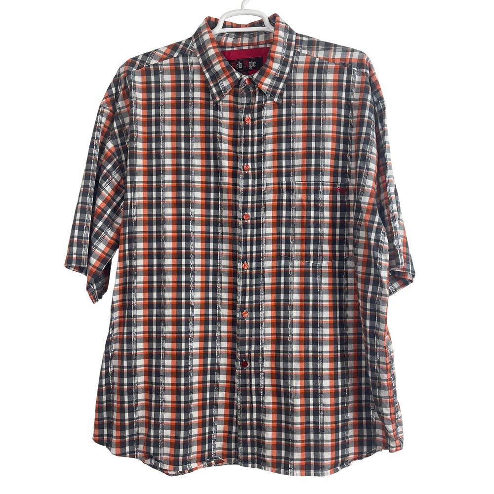 00767 Red Ape Plaid SS Button Up Shirt Men 4X Orange Black White Silver Metallic